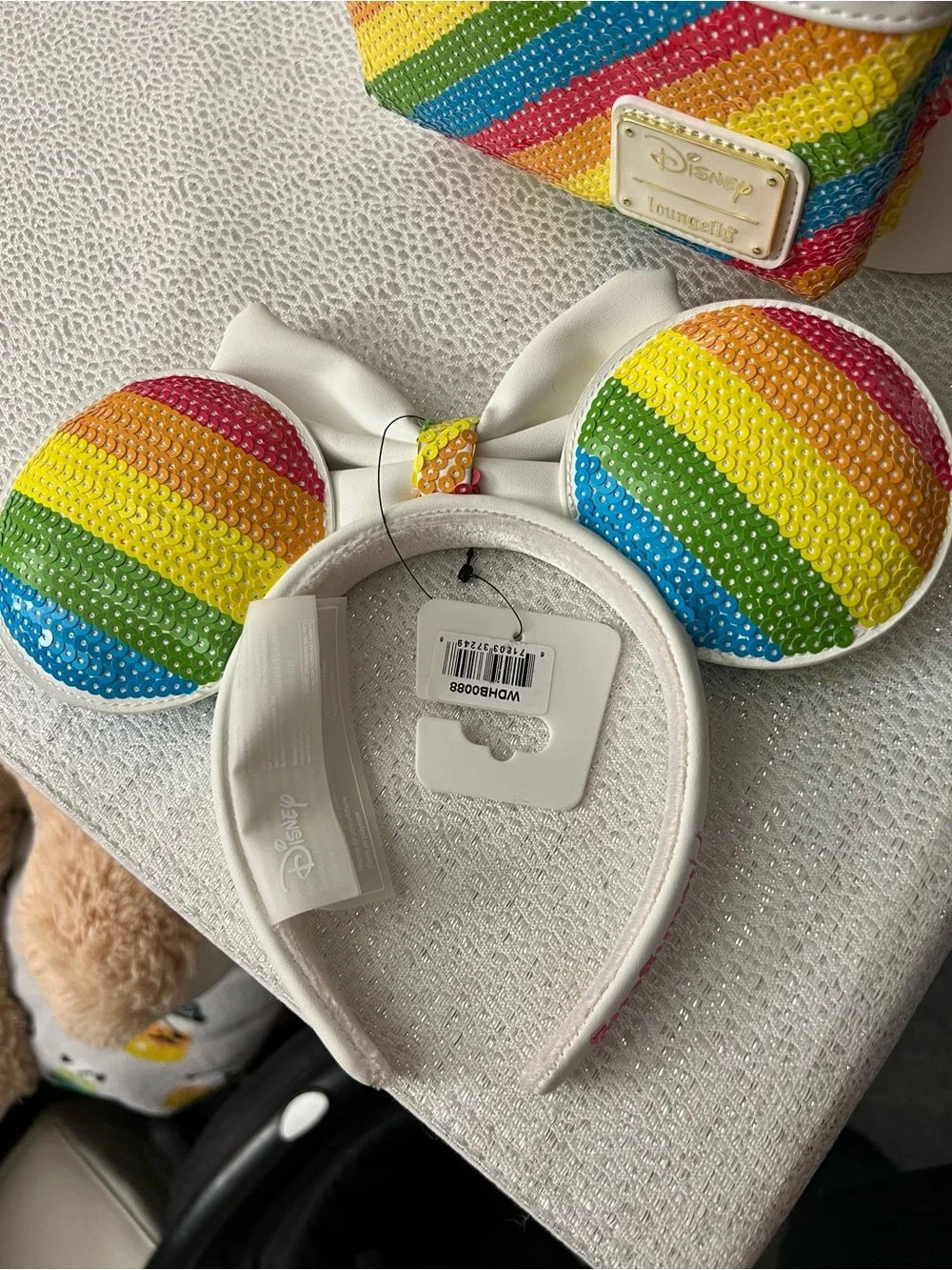 Loungefly Disney Minnie Mouse Rainbow Sequin Mini Backpack + Ears Headband